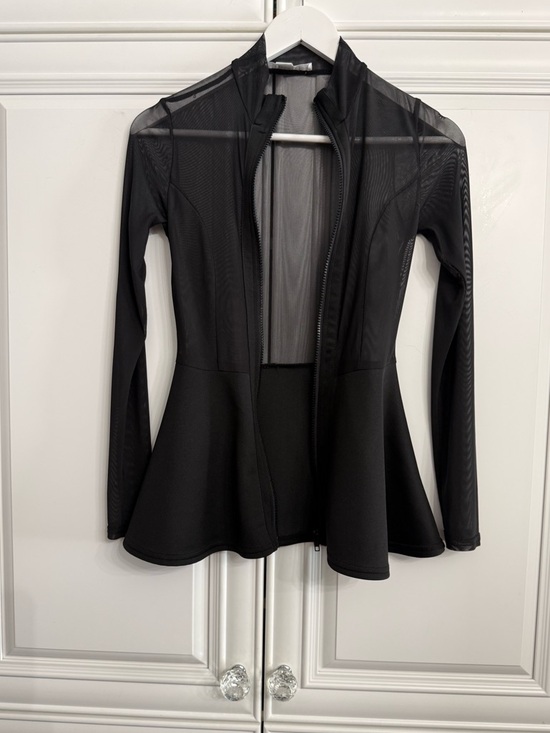 Revamped Size Small Black Mesh Zip Front Sheer Long Sleeves Flared Peplum Waist - Picture 9 of 12
